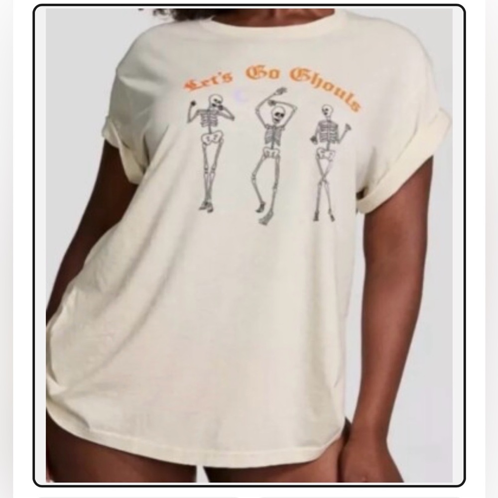 Victoria's Secret Pink Tee Shirt HALLOWEEN ''LET'S GO GHOULS" SKELETONS Small